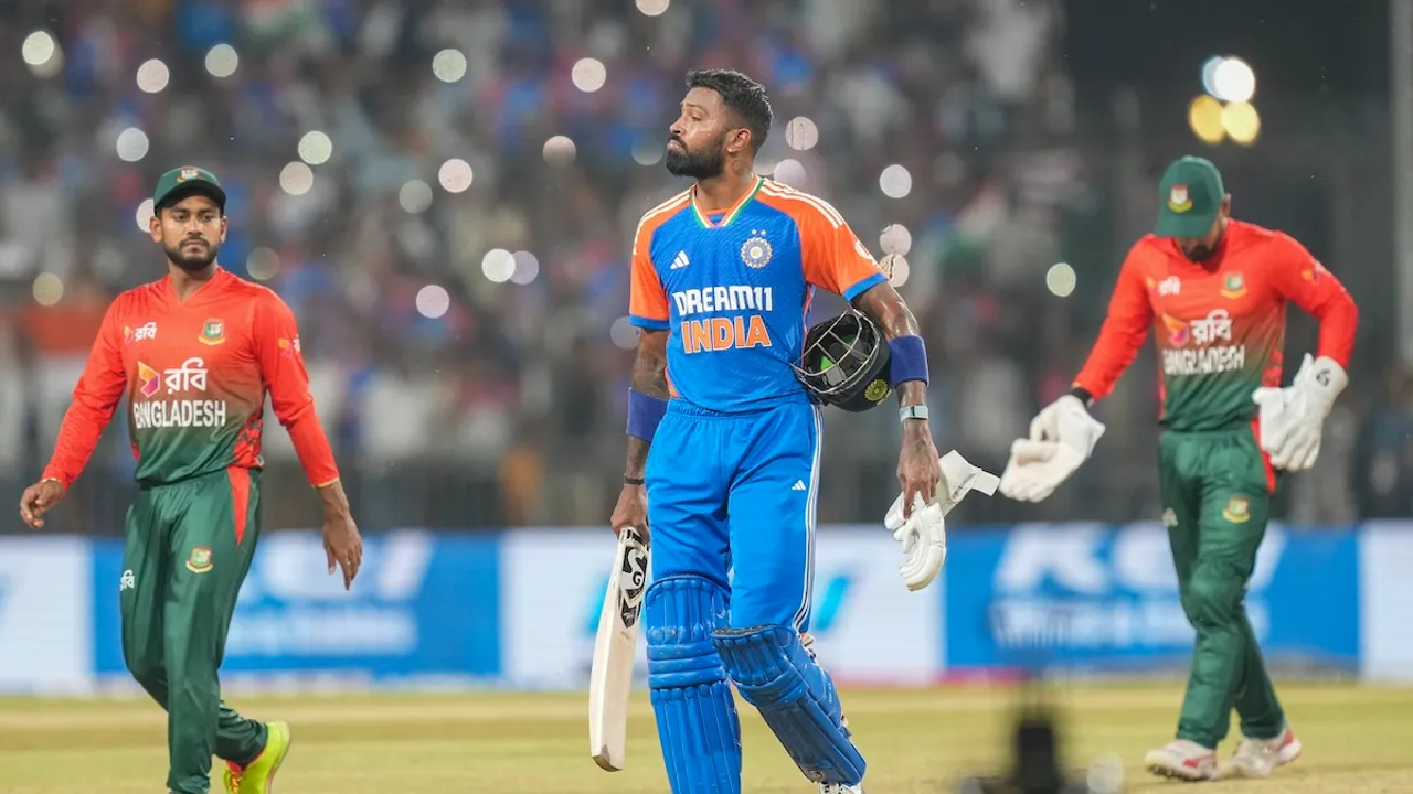 Hardik Pandya after winning the first T20 International cricket match between India and Bangladesh at Shrimant Madhavrao Scindia Cricket Stadium, in Gwalior, Sunday, Oct. 6, 2024. 