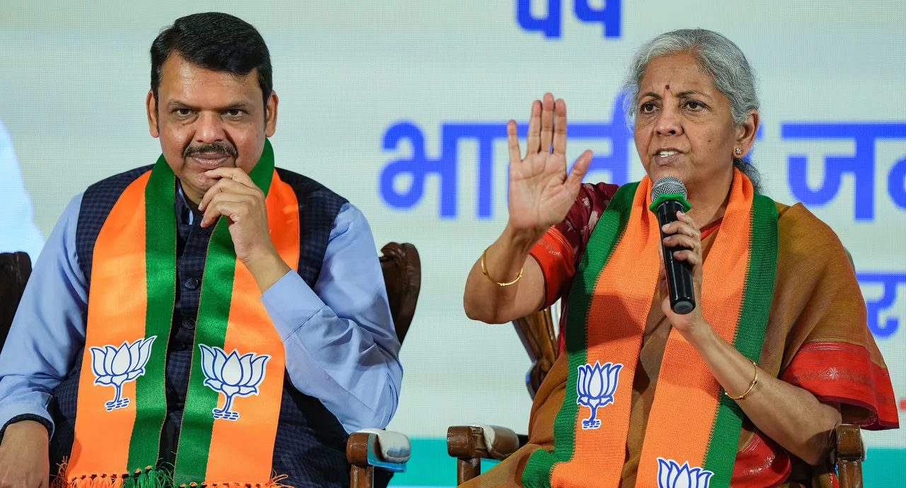 Union Finance Minister Nirmala Sitaraman with Maharashtra Dy CM Devendra Fadnavis addresses a press conference, in Mumbai