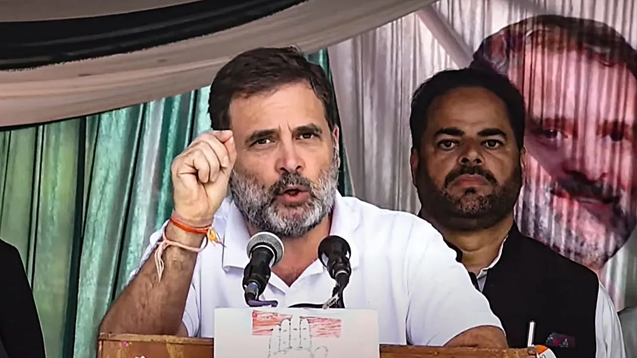 Leader of Opposition in Lok Sabha and Congress MP Rahul Gandhi addresses a public meeting ahead of Jammu and Kashmir Assembly elections, in Ramban, Jammu, Wednesday, Sept. 4, 2024.