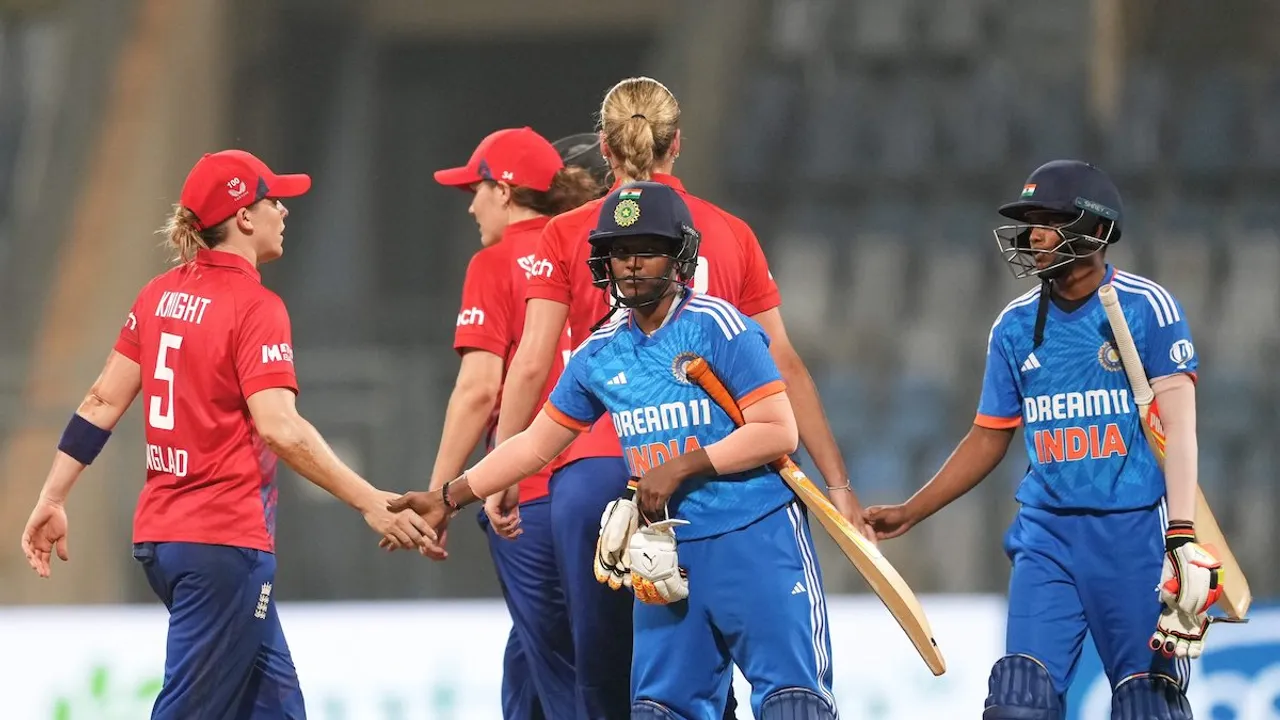 Players of India and England greet each other at the end of the 1st T20I cricket match between India and England, at Wankhede Stadium, in Mumbai, Wednesday, Dec. 6, 2023. England won the match by 38 runs.