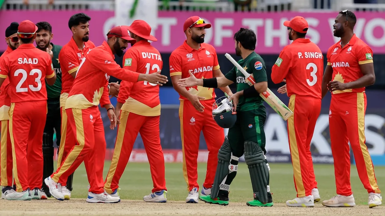 Players of both teams greet each other at the end of the ICC Men's T20 World Cup cricket match between Pakistan and Canada at the Nassau County International Cricket Stadium in Westbury, New York, Tuesday, June 11, 2024.
