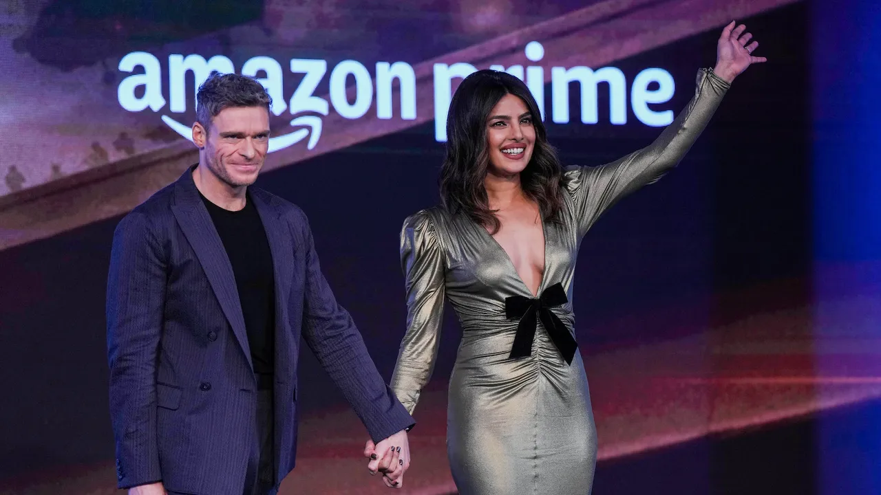 Actors Priyanka Chopra Jonas and Richard Madden during a press conference for their upcoming television series 'Citadel' in Mumbai on April 3