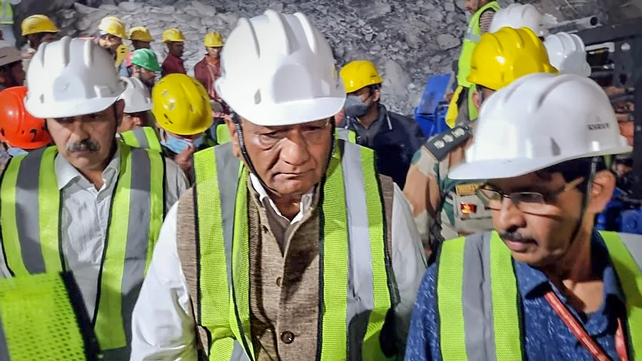 Union MoS for Road Transport and Highways General Vijay Kumar Singh (retd) reviews the ongoing rescue operation after a portion of an under-construction tunnel between Silkyara and Dandalgaon on the Brahmakhal-Yamunotri national highway collapsed, trapping several workers inside, in Uttarkashi district, Thursday, Nov. 16, 2023.