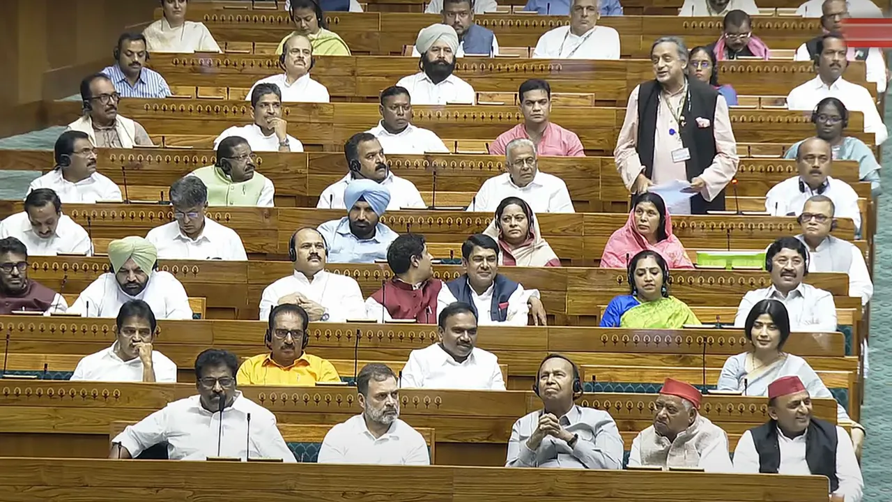 Opposition members in the Lok Sabha during the Monsoon session of Parliament, in New Delhi, Thursday, Aug. 8, 2024.