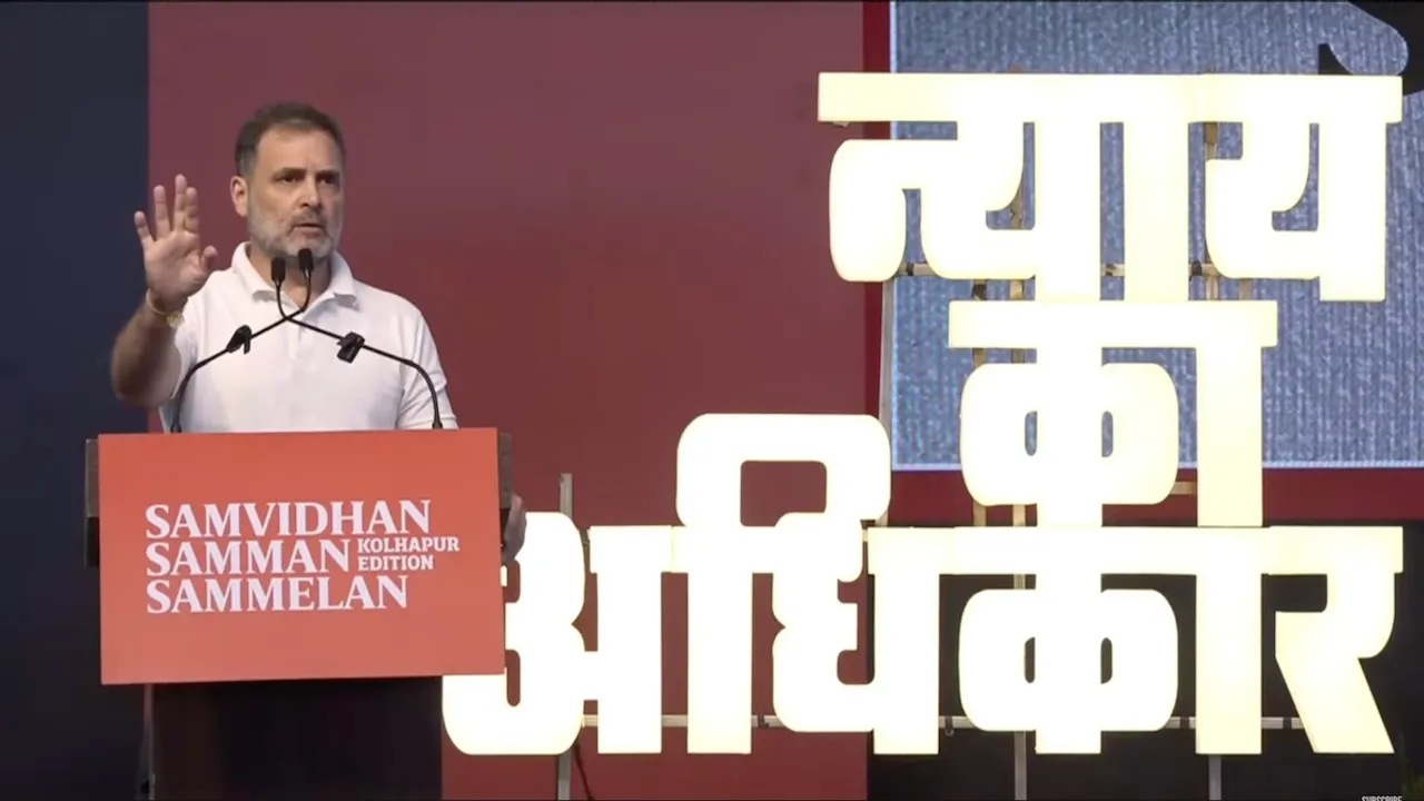 Rahul Gandhi addresses a rally in Kolhapur on Saturday, October 5, 2024.