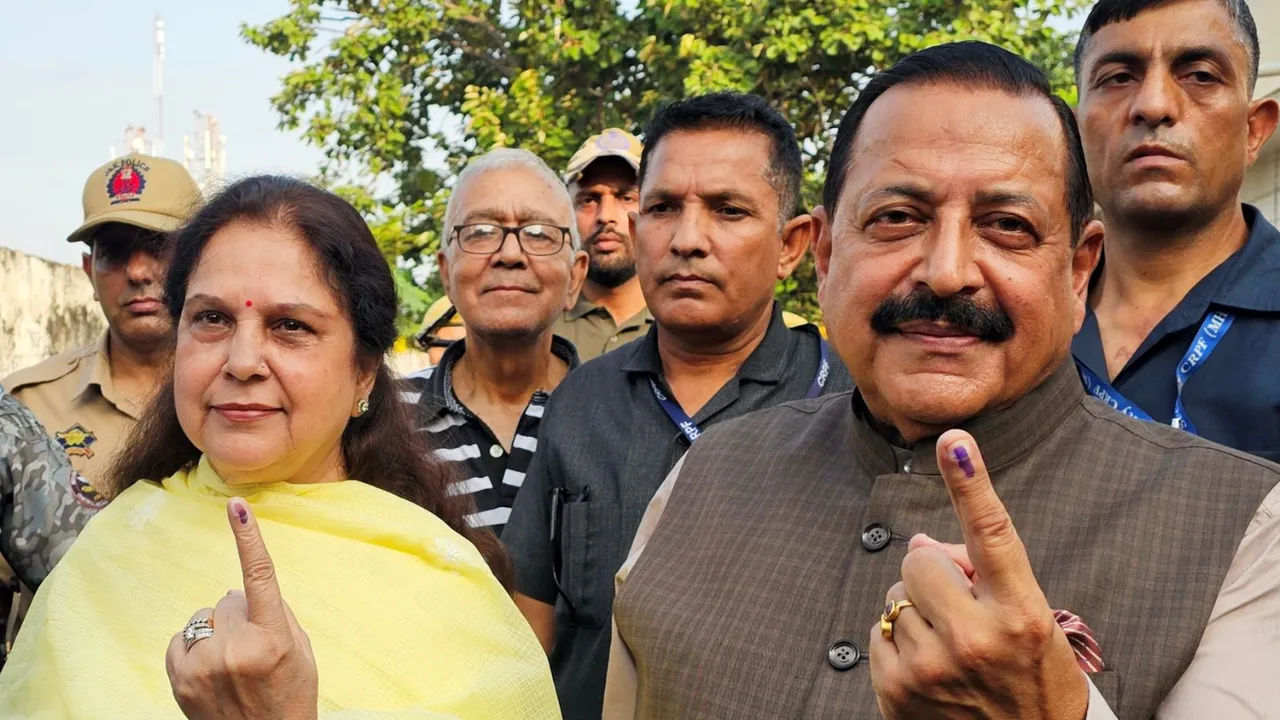 Union MoS Jitendra Singh shows his finger marked with indelible ink after casting his vote during the third and final phase of Jammu & Kashmir Assembly elections, in Jammu, J&K, Tuesday, Oct. 1, 2024.