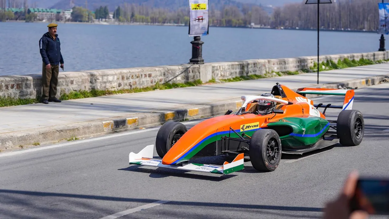 A participant at the Formula-4 Indian Racing Festival 2024 near the Dal Lake in Srinagar