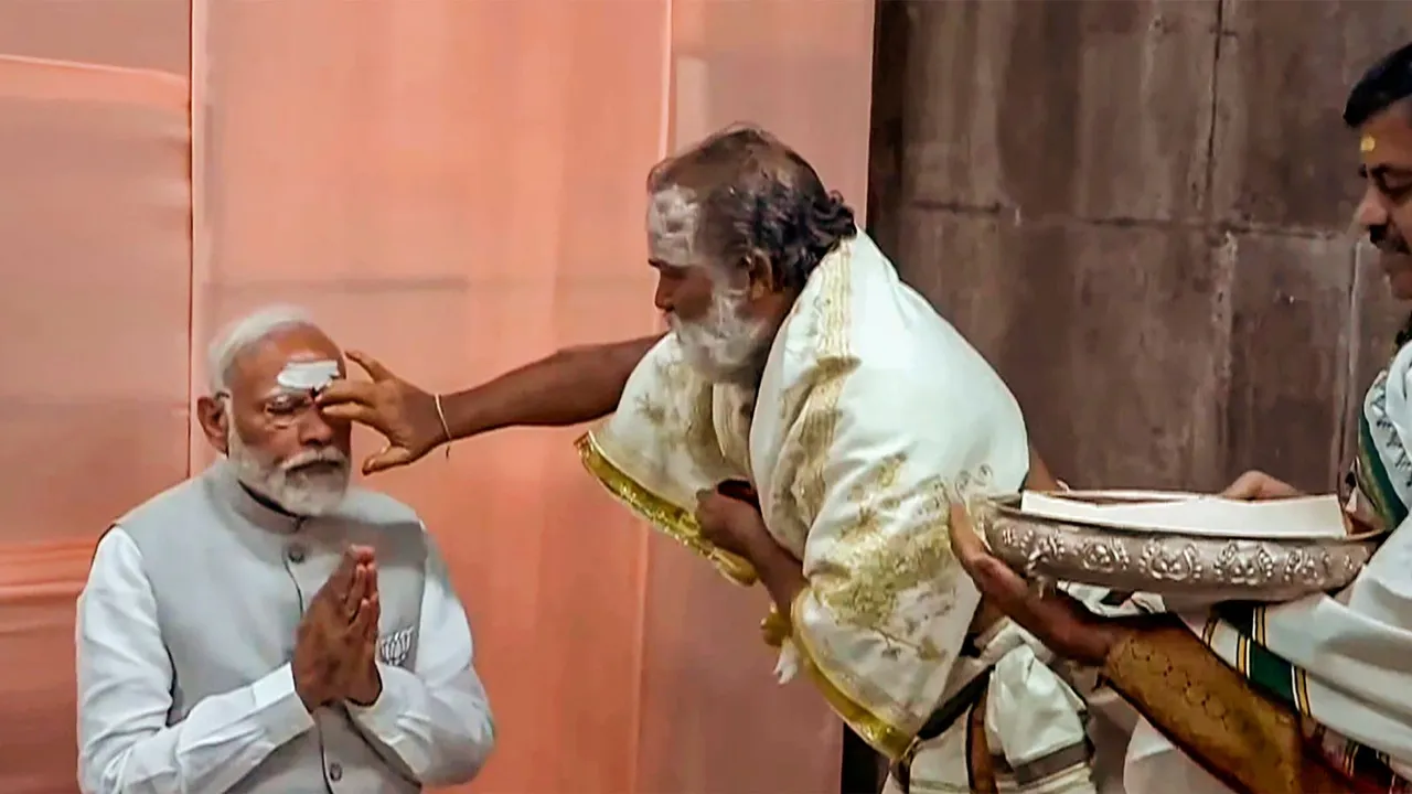 Prime Minister Narendra Modi visits Sri Raja Rajeshwara Swamy temple, in Karimnagar, Wednesday, May 8, 2024