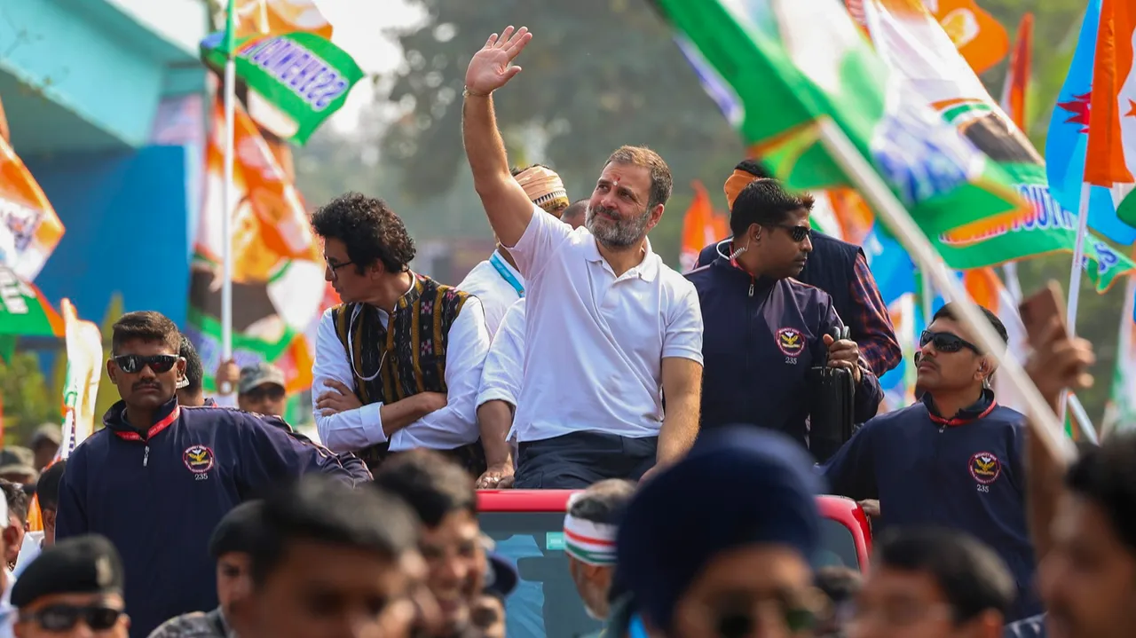 Congress leader Rahul Gandhi waves at supporters during the ‘Bharat Jodo Nyay Yatra’, in Rourkela