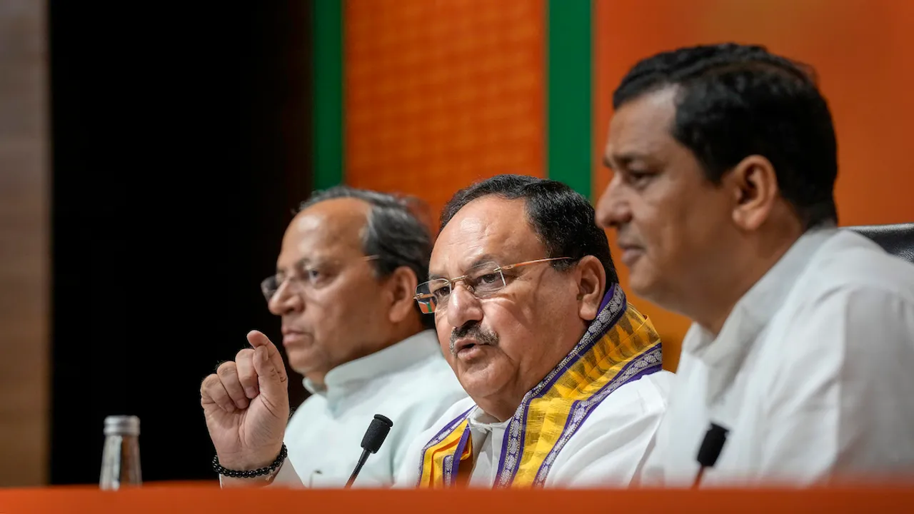 JP Nadda addresses a press conference at BJP HQ, in New Delhi, Monday, July 17