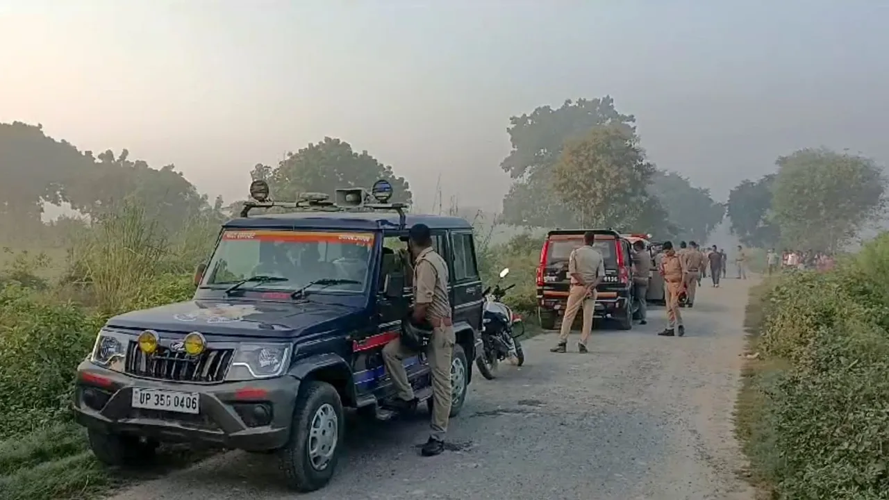 Police at the site of encounter after killing of Anuj Pratap Singh, who robbed Sultanpur's Bharti Jewelers, at Achalganj, Unnao, Monday, Sept. 23, 2024.