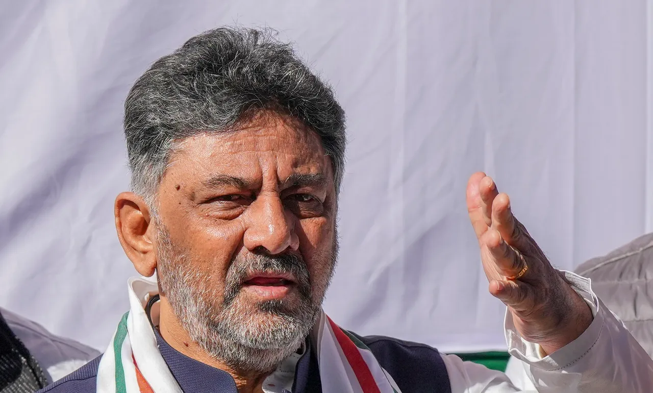 Karnataka Deputy Chief Minister DK Shivakumar during a protest by the Karnataka state Congress leaders against the centre, at Jantar Mantar, in New Delhi