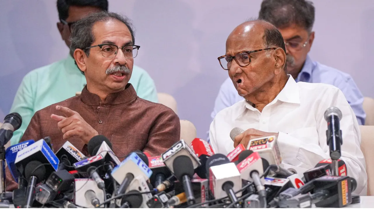 NCP chief Sharad Pawar and Shiv Sena (UBT) chief Uddhav Thackeray during a joint press conference, in Mumbai, Saturday, June 15, 2024.