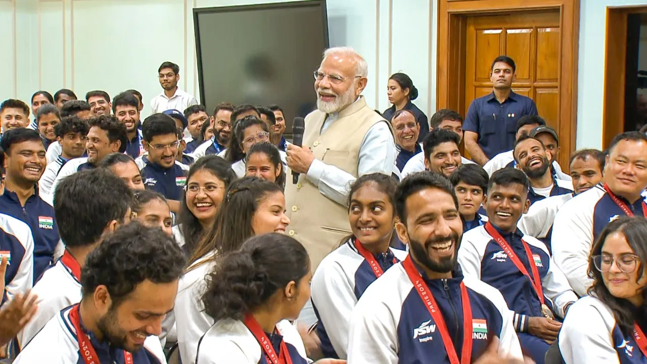 Prime Minister Narendra Modi during an interaction with India's Paris Paralympics contingent, in New Delhi, Thursday, Sept. 12, 2024.
