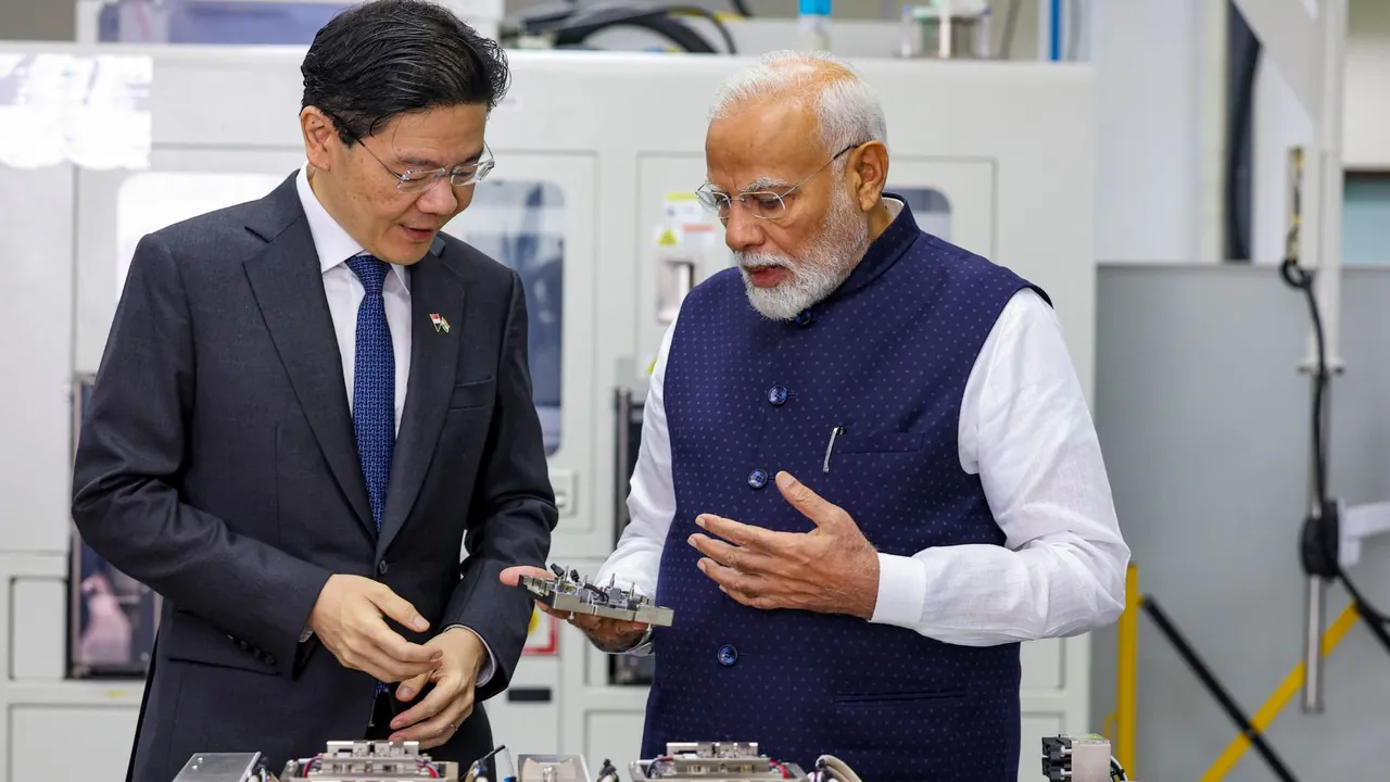 Prime Minister Narendra Modi with his Singapore counterpart Lawrence Wong during their visit to AEM Holdings Ltd., in Singapore, Thursday, Sept. 5, 2024.