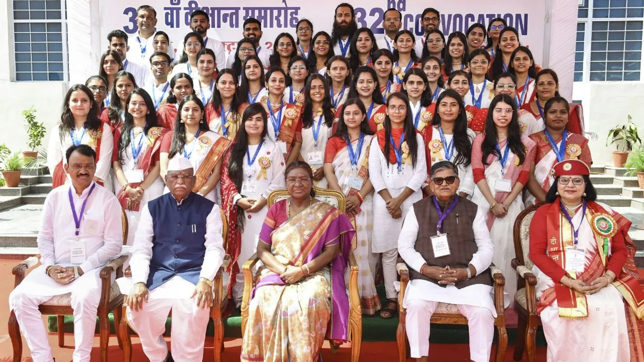 President Droupadi Murmu with Rajasthan Governor Haribhau Bagade and Punjab Governor Gulab Chand Kataria attends the 32nd convocation of Mohanlal Sukhadia University, in Udaipur, Thursday, Oct. 3, 2024