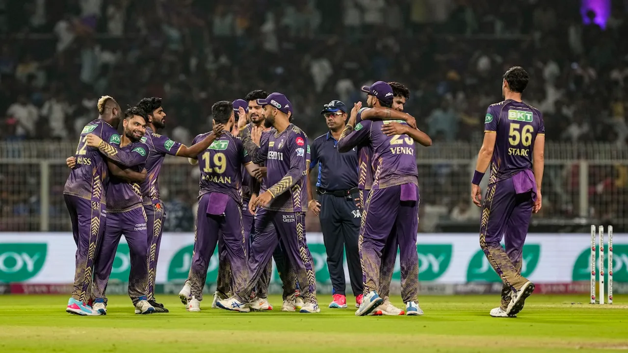 Kolkata Knight Riders' players celebrate after winning the Indian Premier League (IPL) 2024 T20 cricket match between Kolkata Knight Riders and Mumbai Indians, at the Eden Gardens, in Kolkata, Saturday, May 11, 2024.