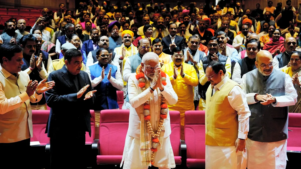 Prime Minister Narendra Modi being felicitated by BJP National President JP Nadda during the BJP Parliamentary Party meeting at the Parliament House