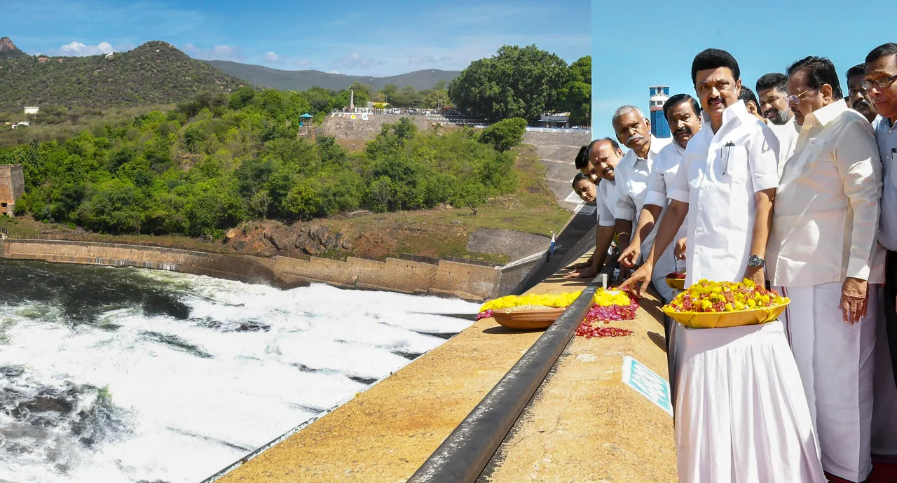 Tamil Nadu Chief Minister MK Stalin during the release of water from Mettur Dam to cultivate Kuruva for farmers in Cauvery dTamil Nadu Chief Minister MK Stalin during the release of water from Mettur Dam to cultivate Kuruva for farmers in Cauvery delta areas, in Salemelta areas, in Salem
