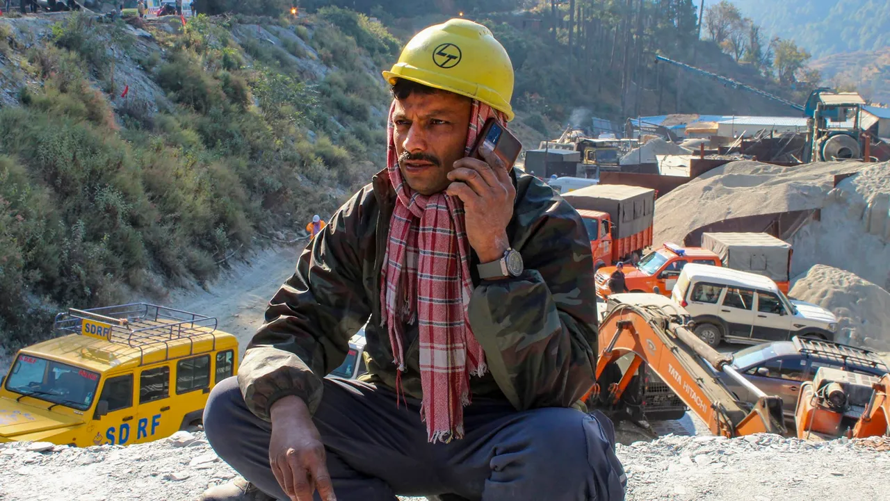 A rescuer at the site after rescue operations to evacuate the 41 workers trapped in the under-construction tunnel