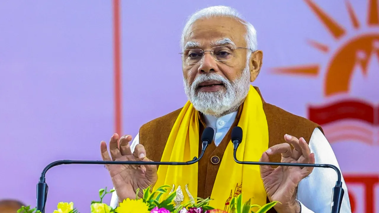 Prime Minister Narendra Modi addreses a prize distribution ceremony at the Banaras Hindu University, in Varanasi, Friday, Feb. 23, 2024