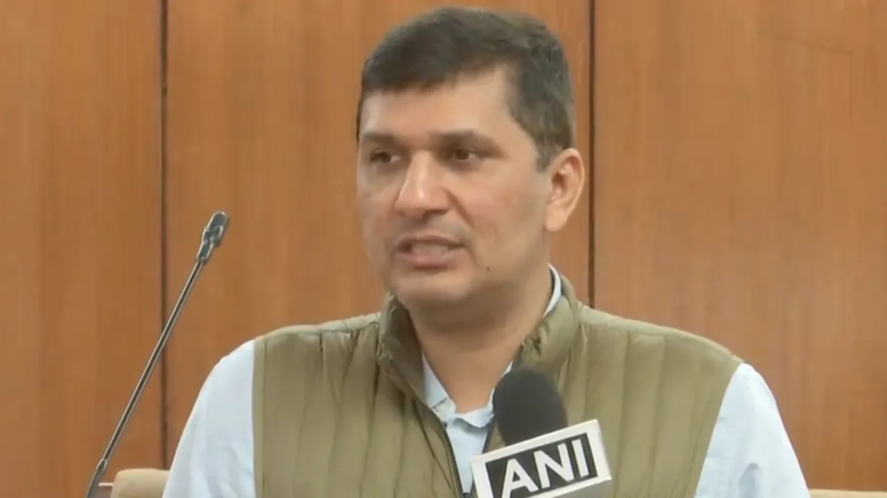 Delhi Cabinet Minister Saurabh Bharadwaj addressing a press conference