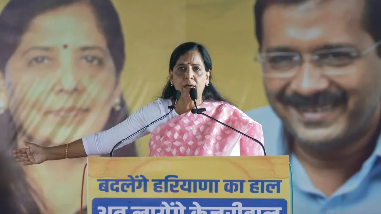 Sunita Kejriwal, wife of Delhi CM and AAP convenor Arvind Kejriwal, speaks during a public meeting ahead of the Haryana Assembly elections, at Badhra in Charkhi Dadri district, Sunday, Sept. 1, 2024.