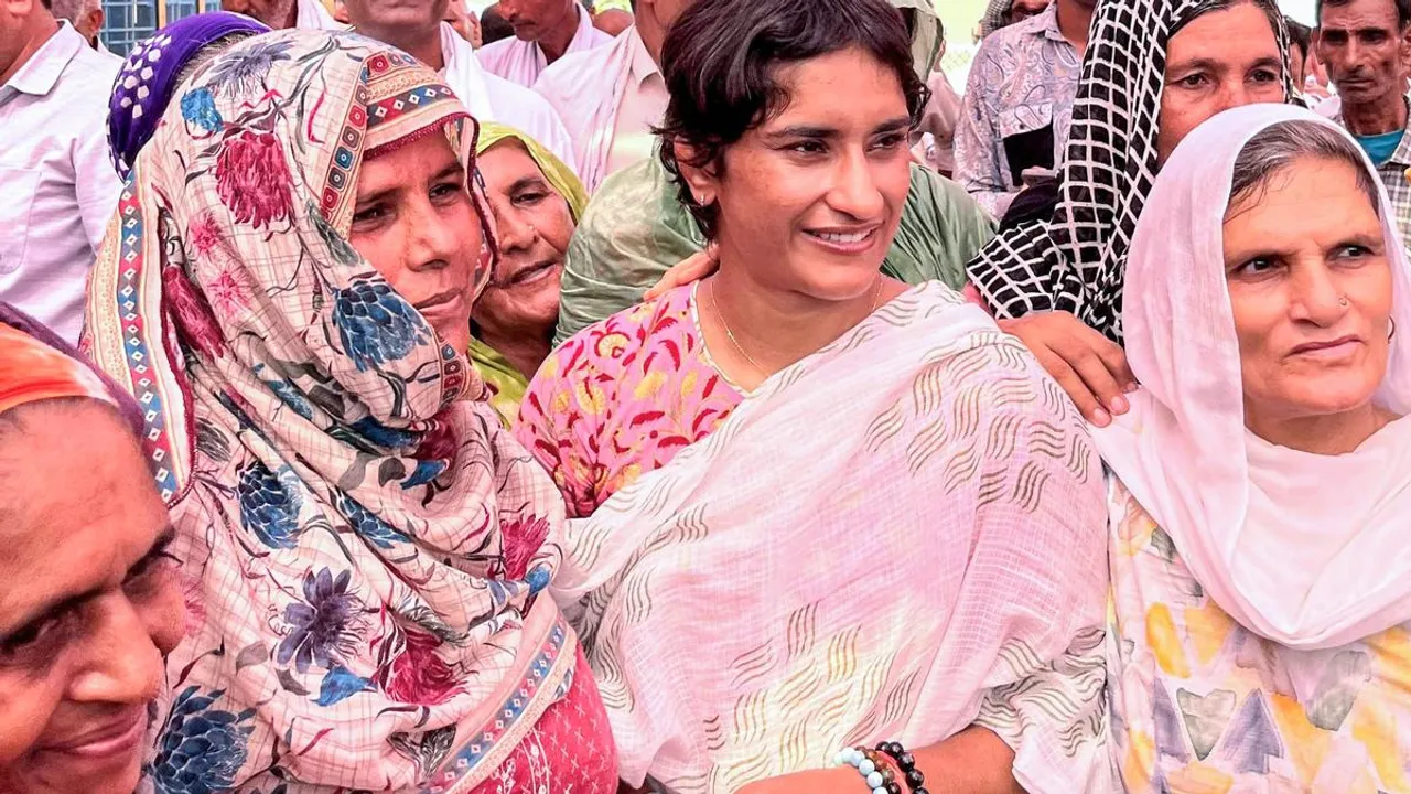 Congress candidate from the Julana assembly constituency Vinesh Phogat during an election campaign ahead of the Haryana Assembly elections, at Anoopgarh Village in Jind