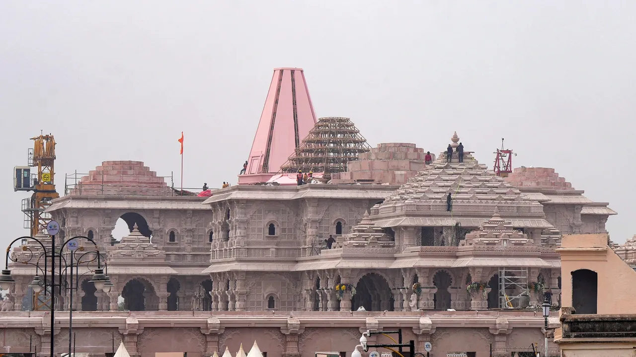Construction work underway at the Shri Ram Janmabhoomi temple ahead of the consecration ceremony, in Ayodhya