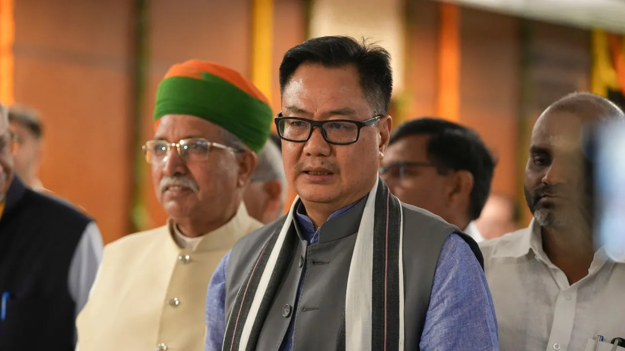 Union Minister for Parliamentary Affairs Kiren Rijiju addresses the media during the Budget session of Parliament, in New Delhi, Sunday, July 21, 2024.