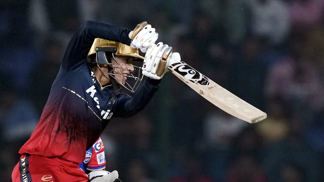 RCB batter Smriti Mandhana plays a shot during the WPL-T20 final cricket match between Delhi Capitals and Royal Challengers Bangalore at the Arun Jaitley Stadium, in New Delhi, Sunday, March 17, 2024.