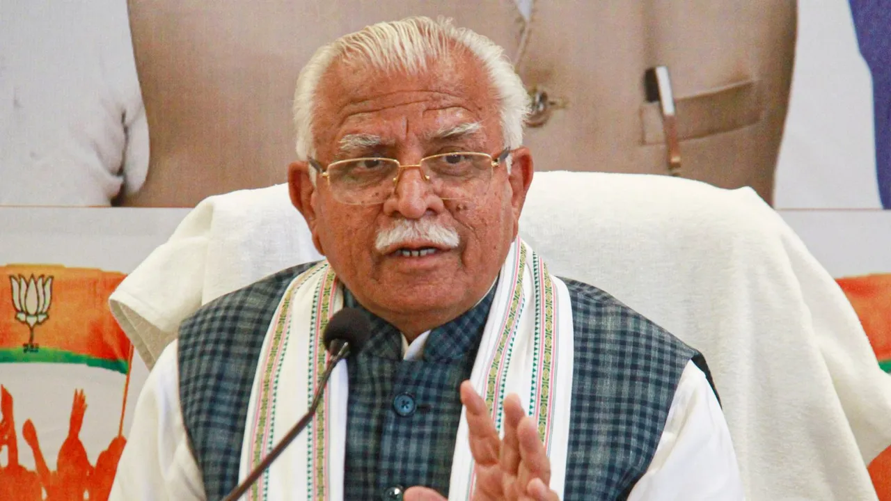 Former Haryana chief minister and BJP candidate from Karnal constituency Manohar Lal addresses a press conference at party office, in Gurugram, Tuesday, May 28, 2024