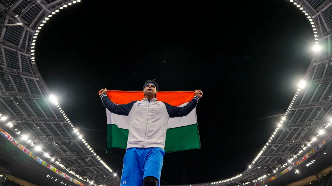 India's Neeraj Chopra after winning silver in the men's javelin throw final at the 2024 Summer Olympics, in Paris, France, Thursday, Aug. 8, 2024.