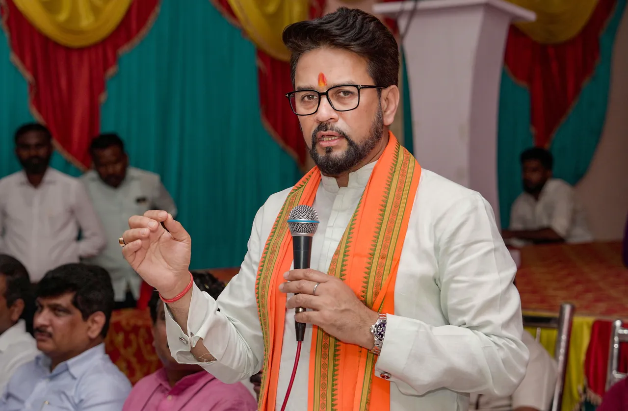 Union Minister Anurag Thakur addresses a meeting and tiffin party arranged by the party workers, in Mumbai