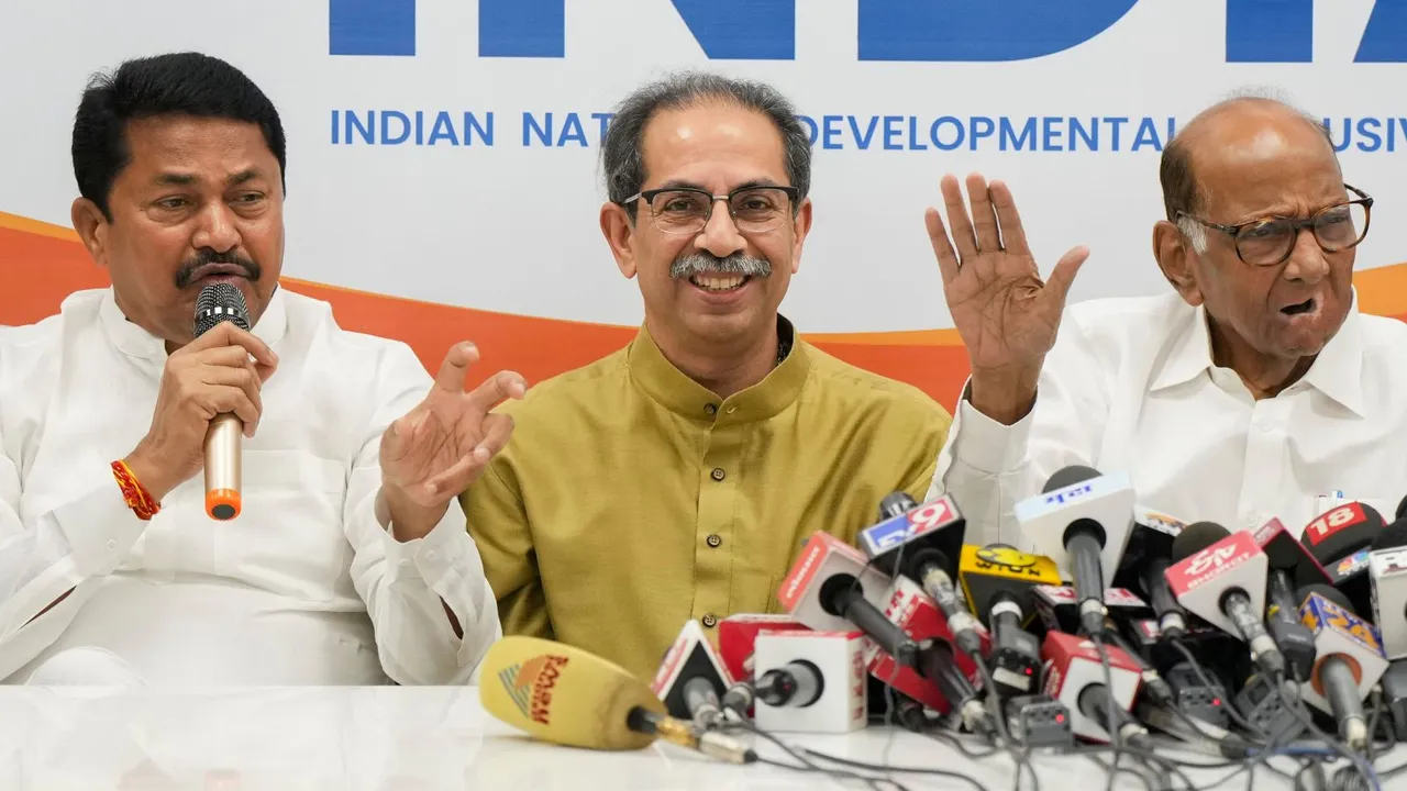 Shiv Sena (UBT) chief Uddhav Thackeray, Maharashtra Congress President Nana Patole and NCP (SP) chief Sharad Pawar during a Maha Vikas Aghadi (MVA) press conference, in Mumbai, Tuesday, April 9, 2024