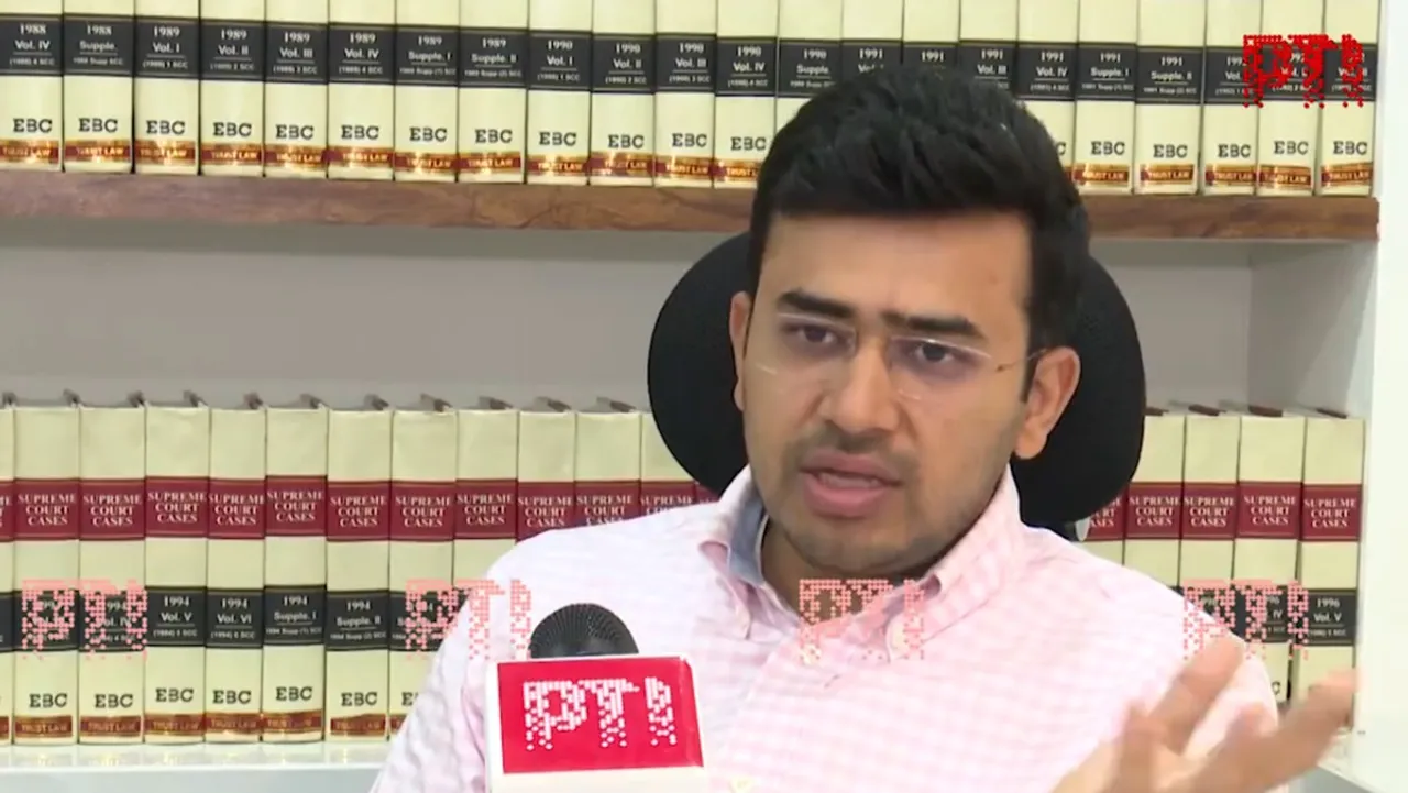 Bharatiya Janata Yuva Morcha President Tejasvi Surya during an interaction with PTI video