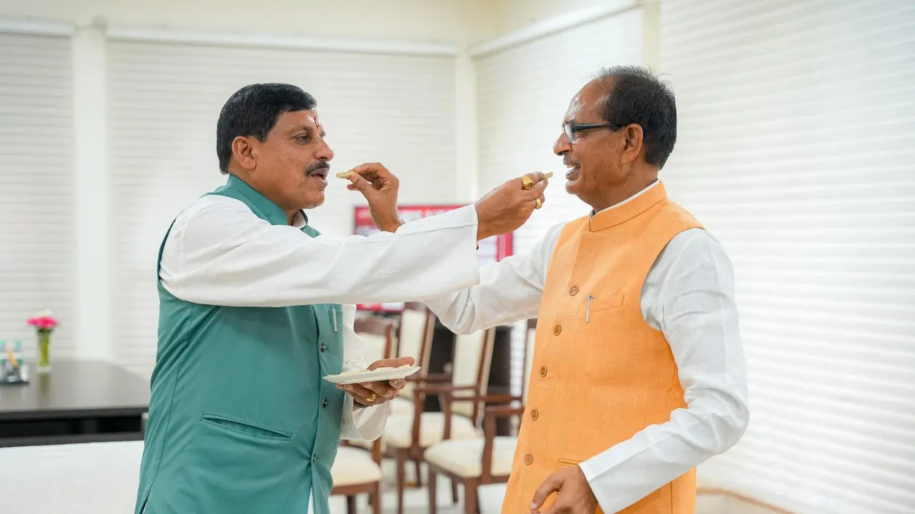 Madhya Pradesh Chief Minister Mohan Yadav being greeted by former chief minister and BJP leader Shivraj Singh Chouhan who won the Lok Sabha elections from Vidisha constituency, at CM's residence, in Bhopal