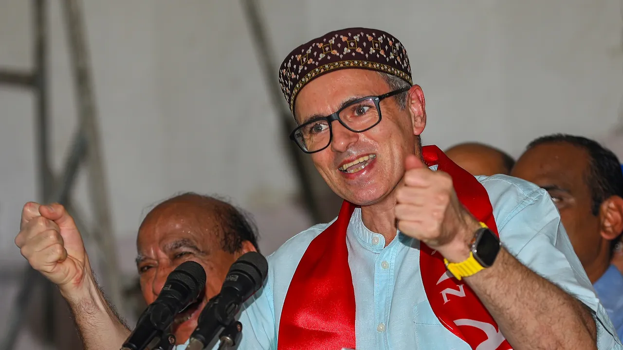 Former J&K chief minister and National Conference Vice President Omar Abdullah addresses a press conference, in Jammu