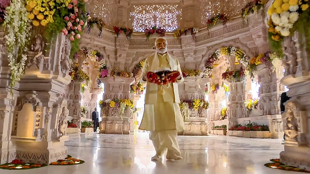Prime Minister Narendra Modi at the newly constructed Ram Mandir for its consecration ceremony, in Ayodhya