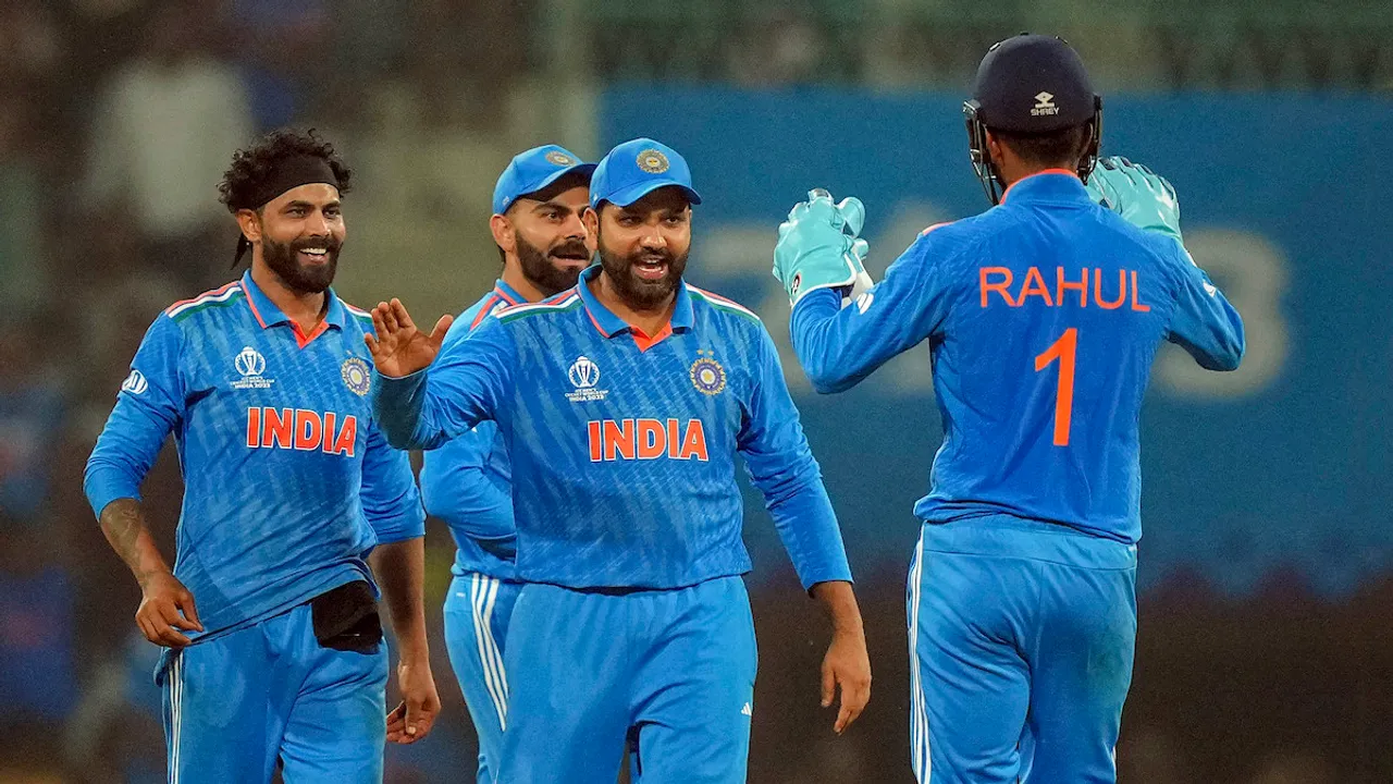 India's Ravindra Jadeja with KL Rahul and others celebrates the wicket of England's Chris Woakes during the ICC Men's Cricket World Cup 2023 match between India and England, at Bharat Ratna Shri Atal Bihari Vajpayee Ekana Cricket Stadium, in Lucknow, Sunday Oct. 29, 2023