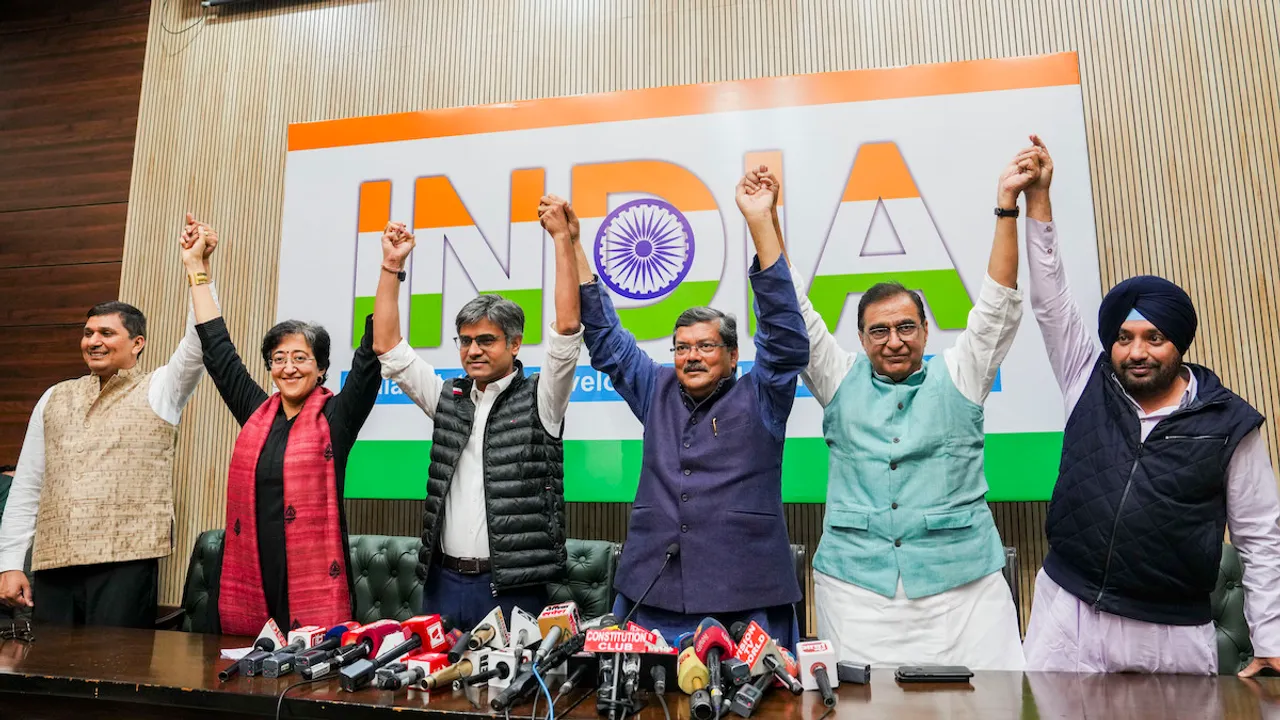 Saurabh Bharadwaj, Atishi Singh and Sandeep Pathak with Mukul Wasnik, Deepak Babaria and Arvinder Singh Lovely during a joint press conference, in New Delhi, Saturday, Feb. 24, 2024.