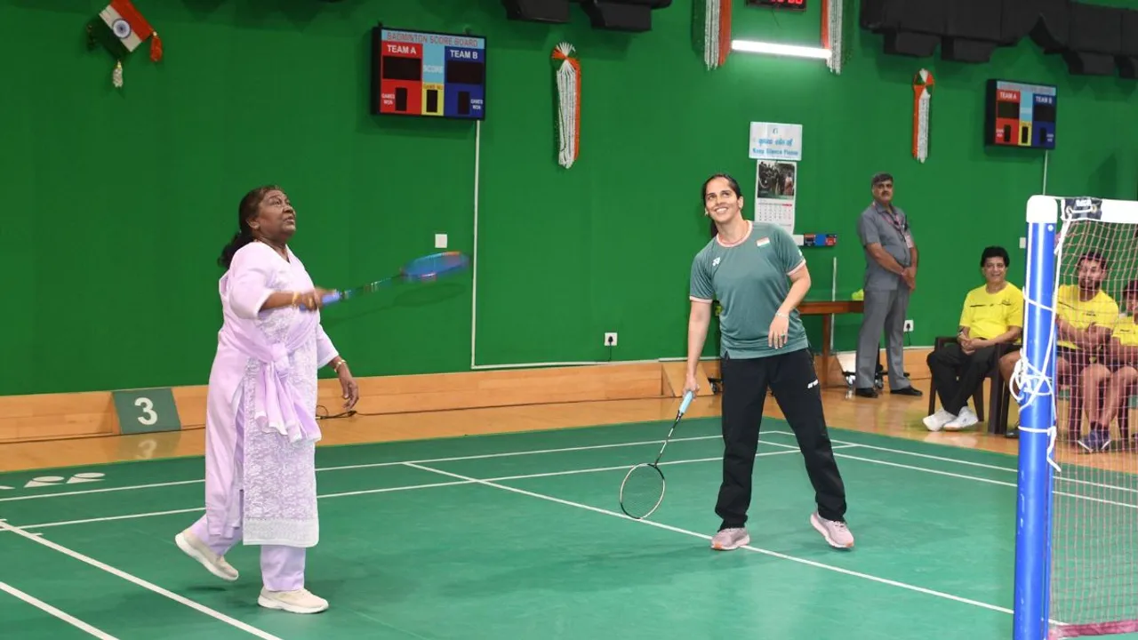 Indian shuttler Saina Nehwal playing badminton with Indian President Droupadi Murmu