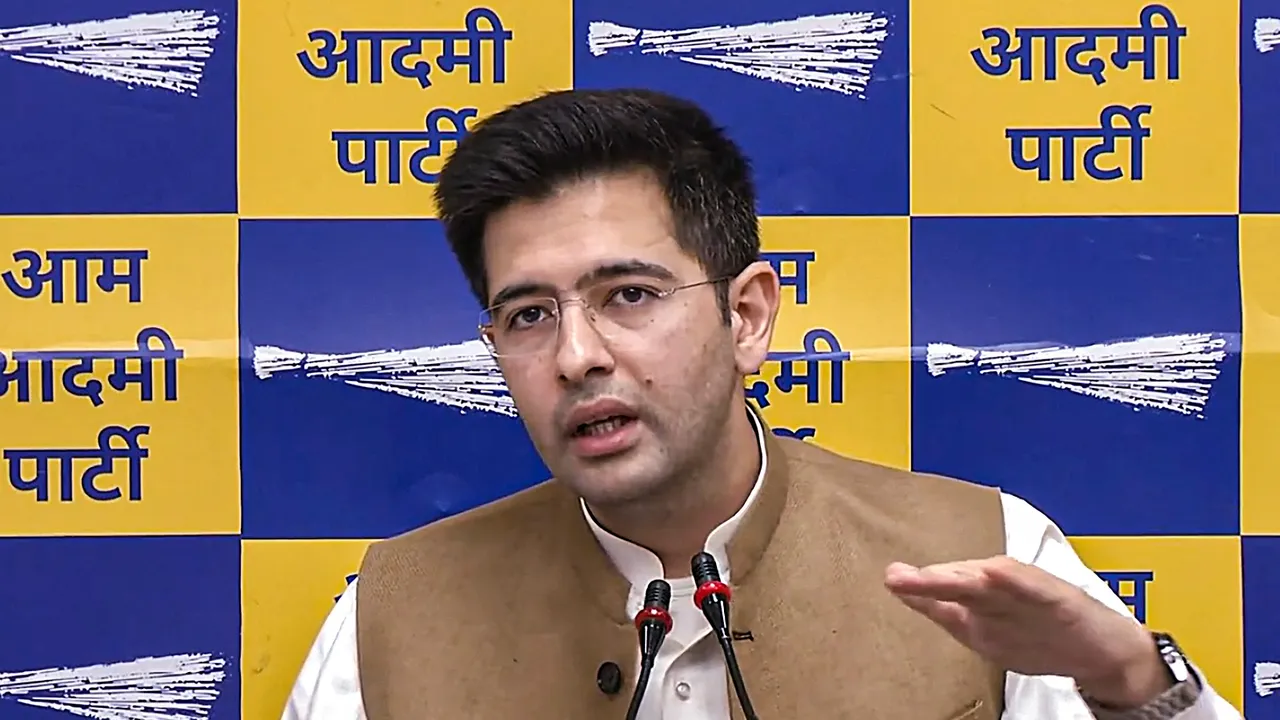 Aam Aadmi Party MP Raghav Chadha addresses press conference in New Delhi