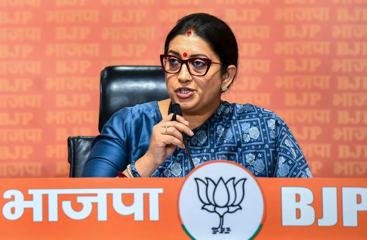 Union Minister for Women and Child Development Smriti Irani addresses a press conference at BJP headquarters, in New Delhi