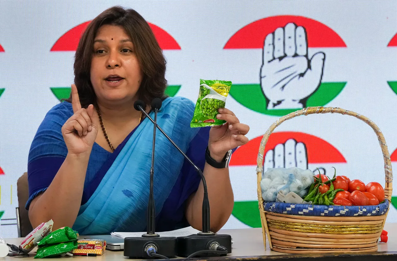 AICC Spokesperson Supriya Shrinate addresses the media on price rise of vegetables and other commodities at party headquarters, in New Delhi