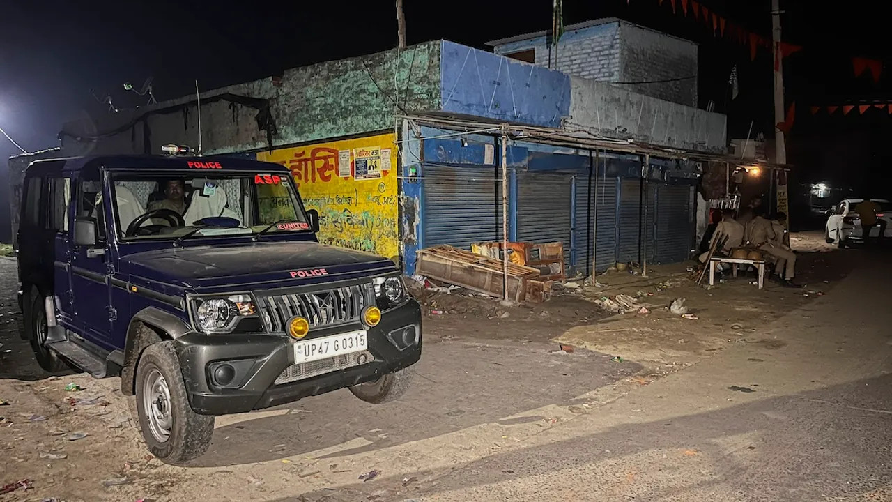 Police personnel deployed to maintain law & order in a violence-affected area, a day after a 22-year-old man was killed in communal violence during a Goddess Durga idol immersion procession, in Bahraich, Uttar Pradesh, Monday, Oct. 14, 2024.