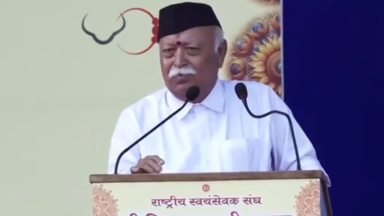 RSS Chief Mohan Bhagwat addresses the annual Dussehra event in Nagpur.