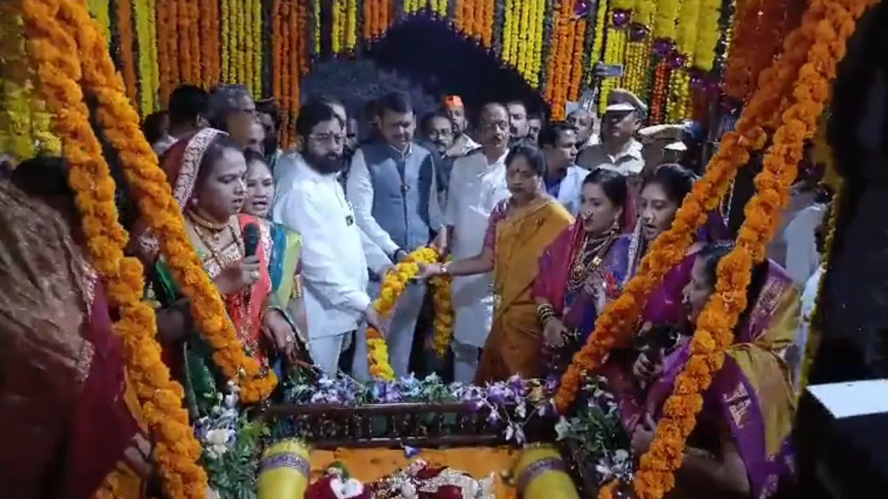 Maharashtra CM Eknath Shinde and Deputy CMs Ajit Pawar and Devendra Fadnavis participate in the celebrations of the 394th birth anniversary of Shivaji Maharaj at Shivneri Fort.
