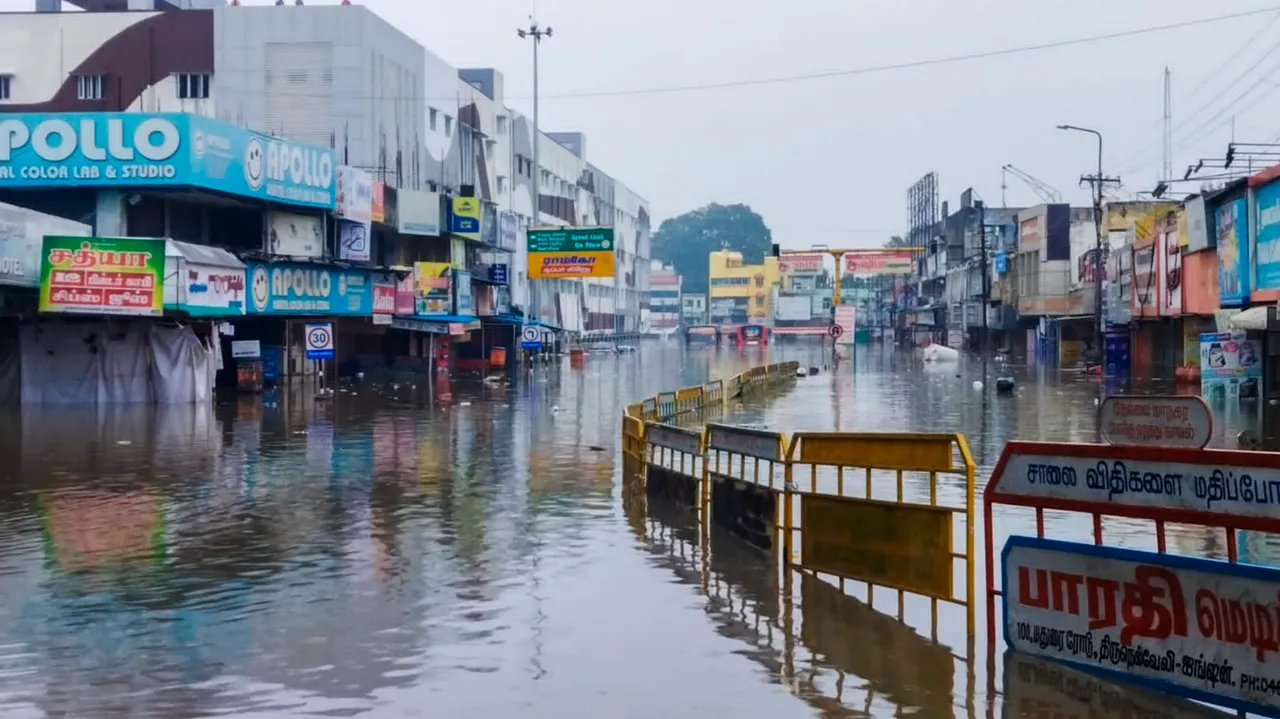 A flooded localicty following heavy rains in Tirunelveli