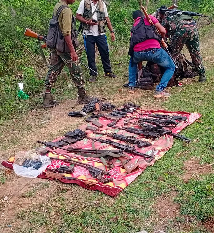 Huge cache of arms and ammunition were recovered in a search operation conducted by security forces after at least ten police personnel and a driver were killed in a blast carried out by Naxalites in Chhattisgarh's Dantewada district on April 26